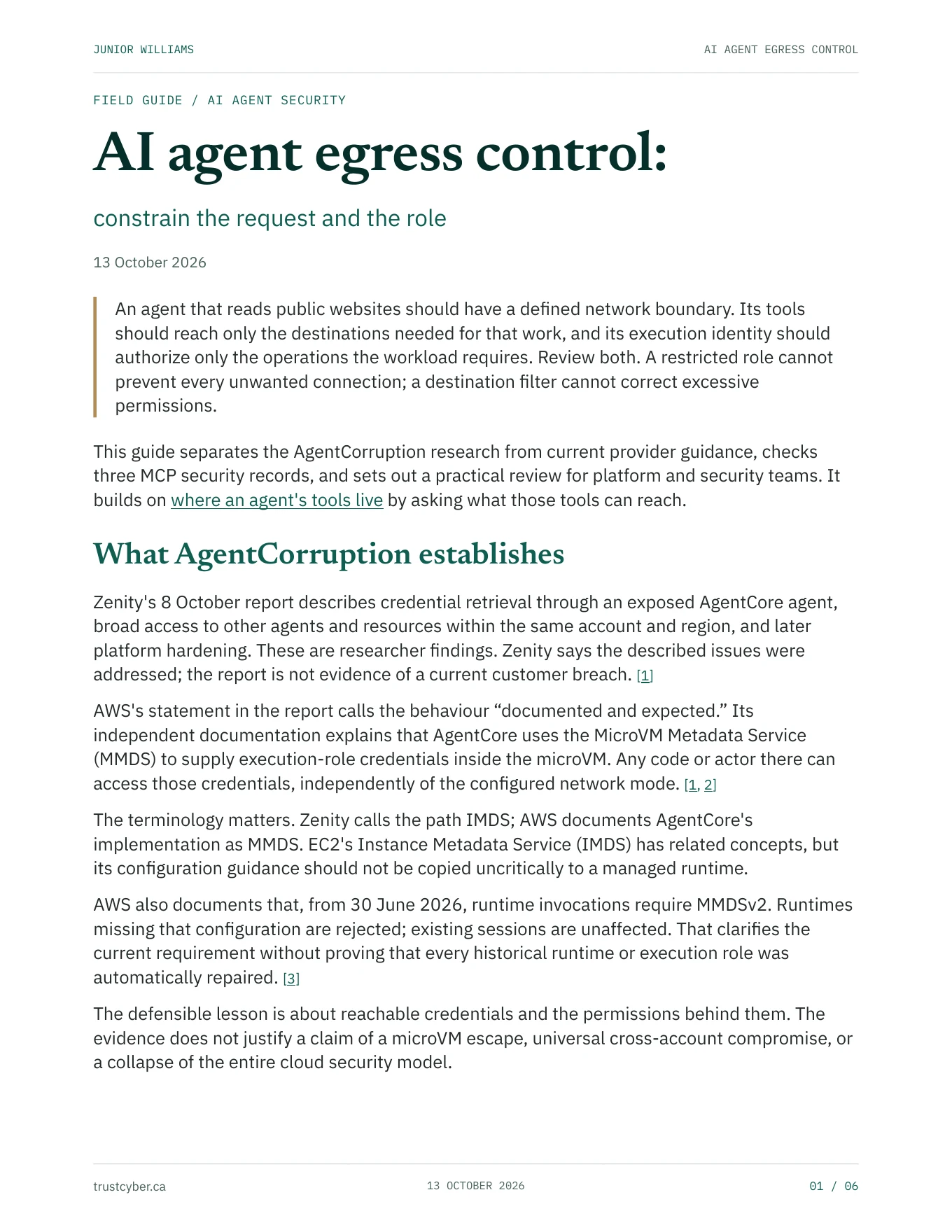 First page of AI agent egress control: constrain the request and the role by Junior Williams