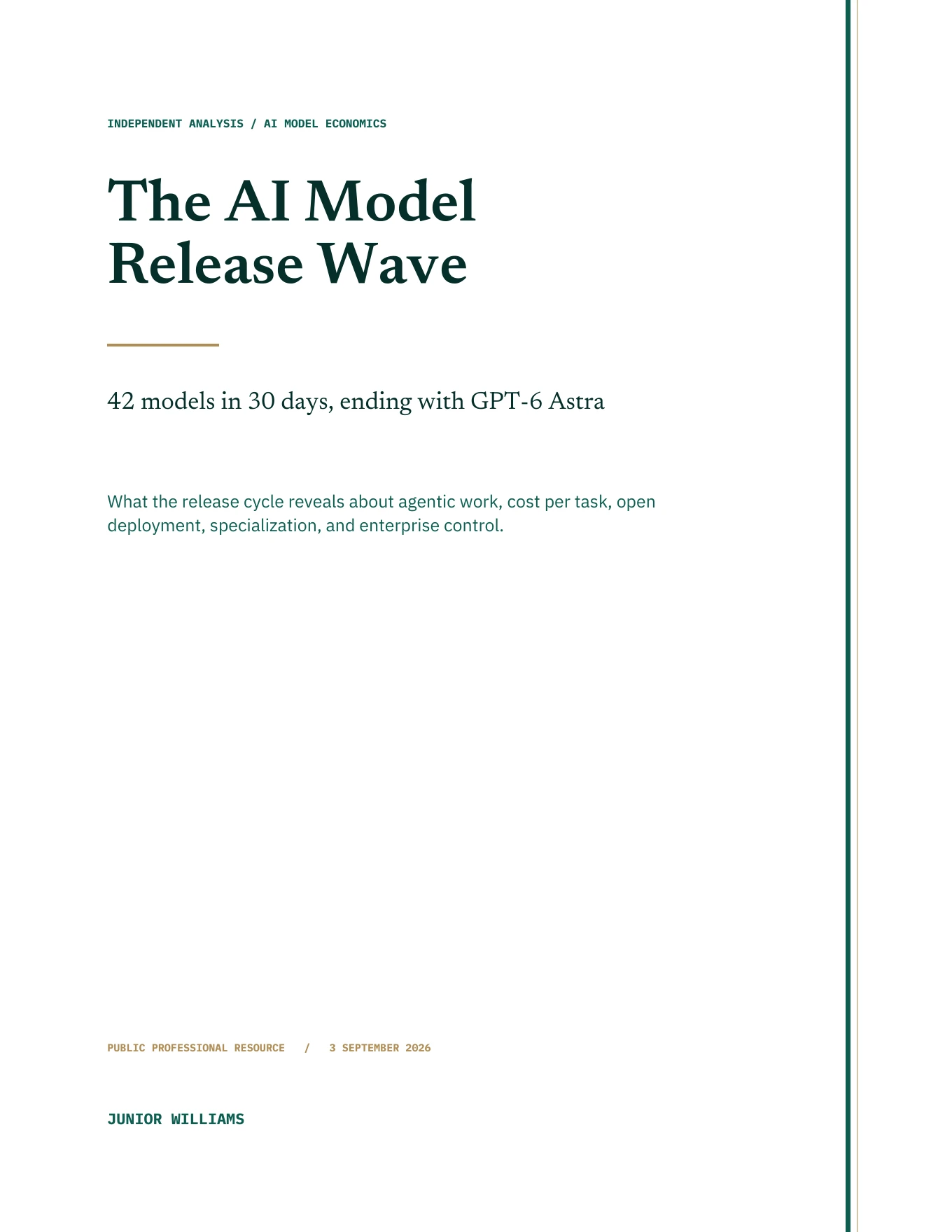 Cover of The AI Model Release Wave, subtitled 42 models in 30 days, ending with GPT-6 Astra