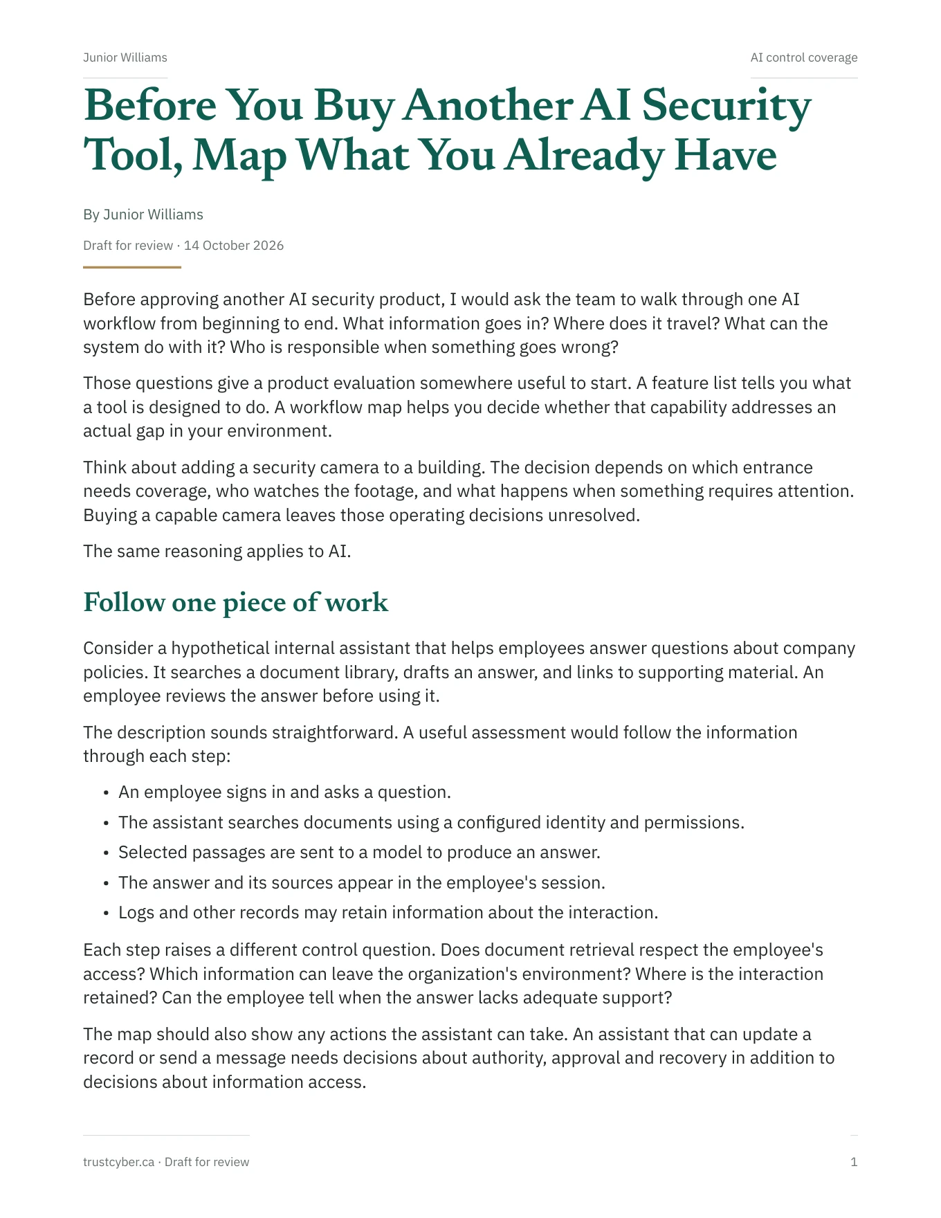 First page of Before You Buy Another AI Security Tool, Map What You Already Have by Junior Williams
