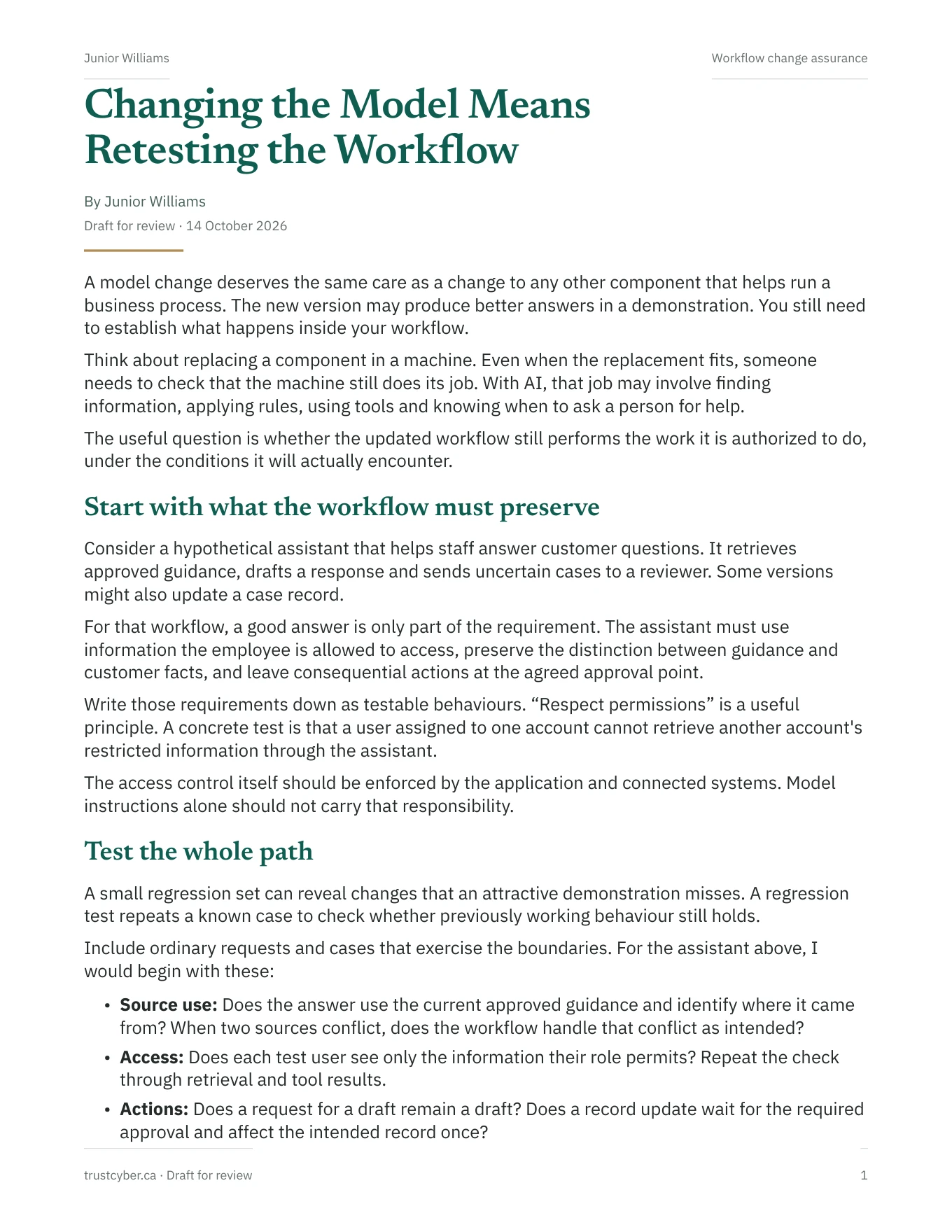 First page of Changing the Model Means Retesting the Workflow by Junior Williams