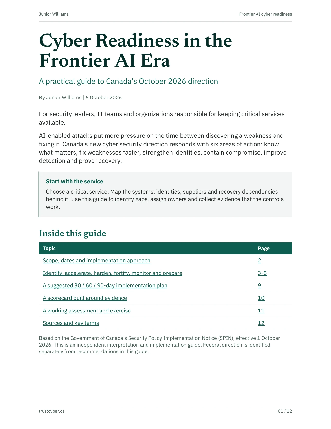 Cover of Cyber Readiness in the Frontier AI Era by Junior Williams, a practical guide to Canada's October 2026 direction