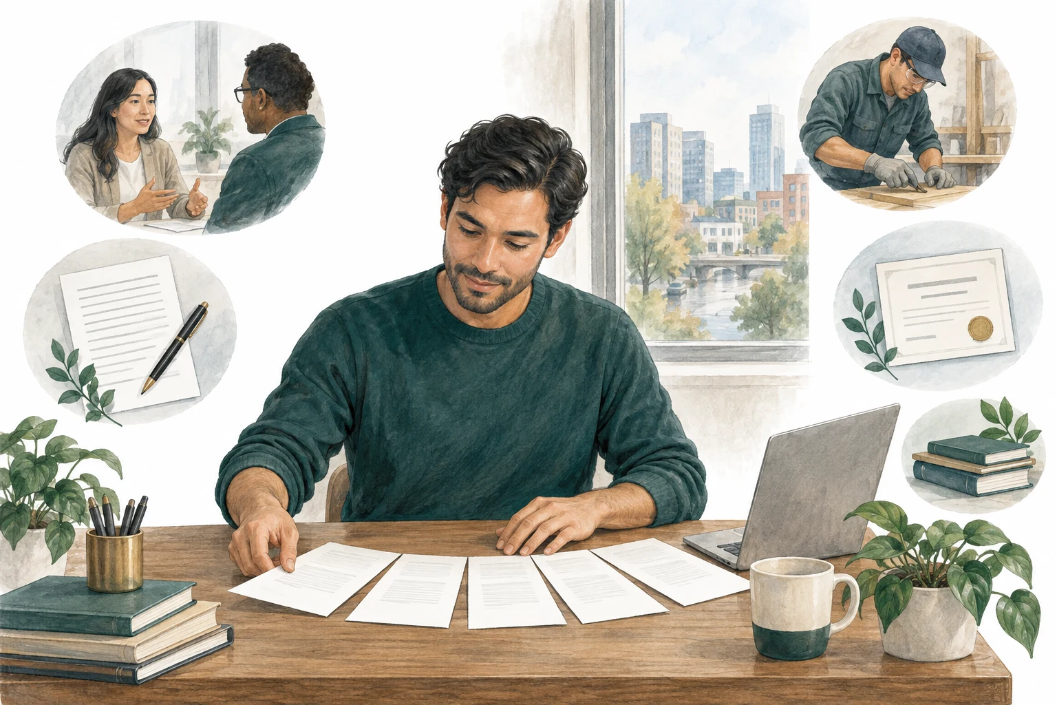 Illustration of a job seeker planning their next move, surrounded by conversations, practical work, qualifications and learning.