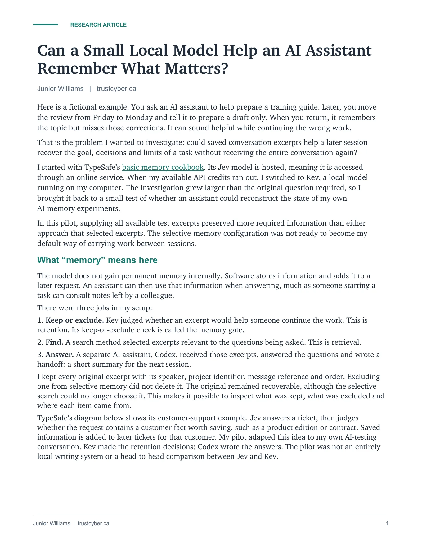 First page of Can a Small Local Model Help an AI Assistant Remember What Matters? by Junior Williams