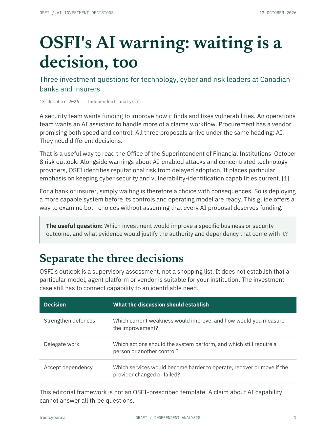 First page of OSFI’s AI warning: waiting is a decision, too