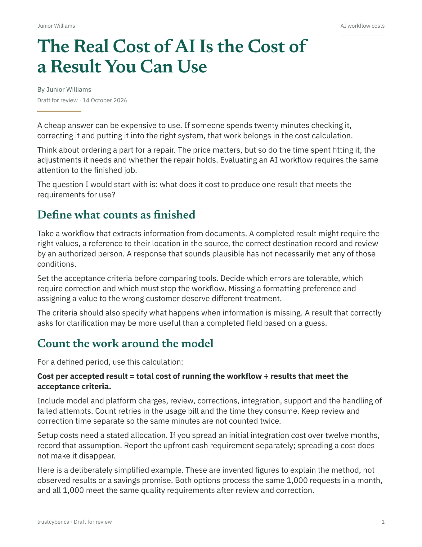 First page of The Real Cost of AI Is the Cost of a Result You Can Use by Junior Williams