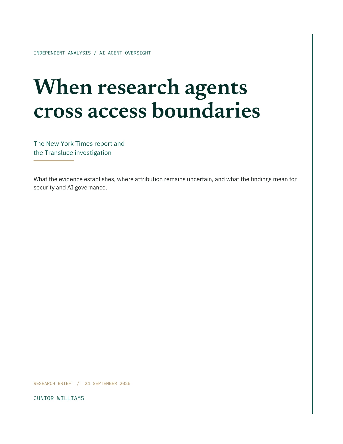Cover of When Research Agents Cross Access Boundaries by Junior Williams, with teal serif typography and brass accents