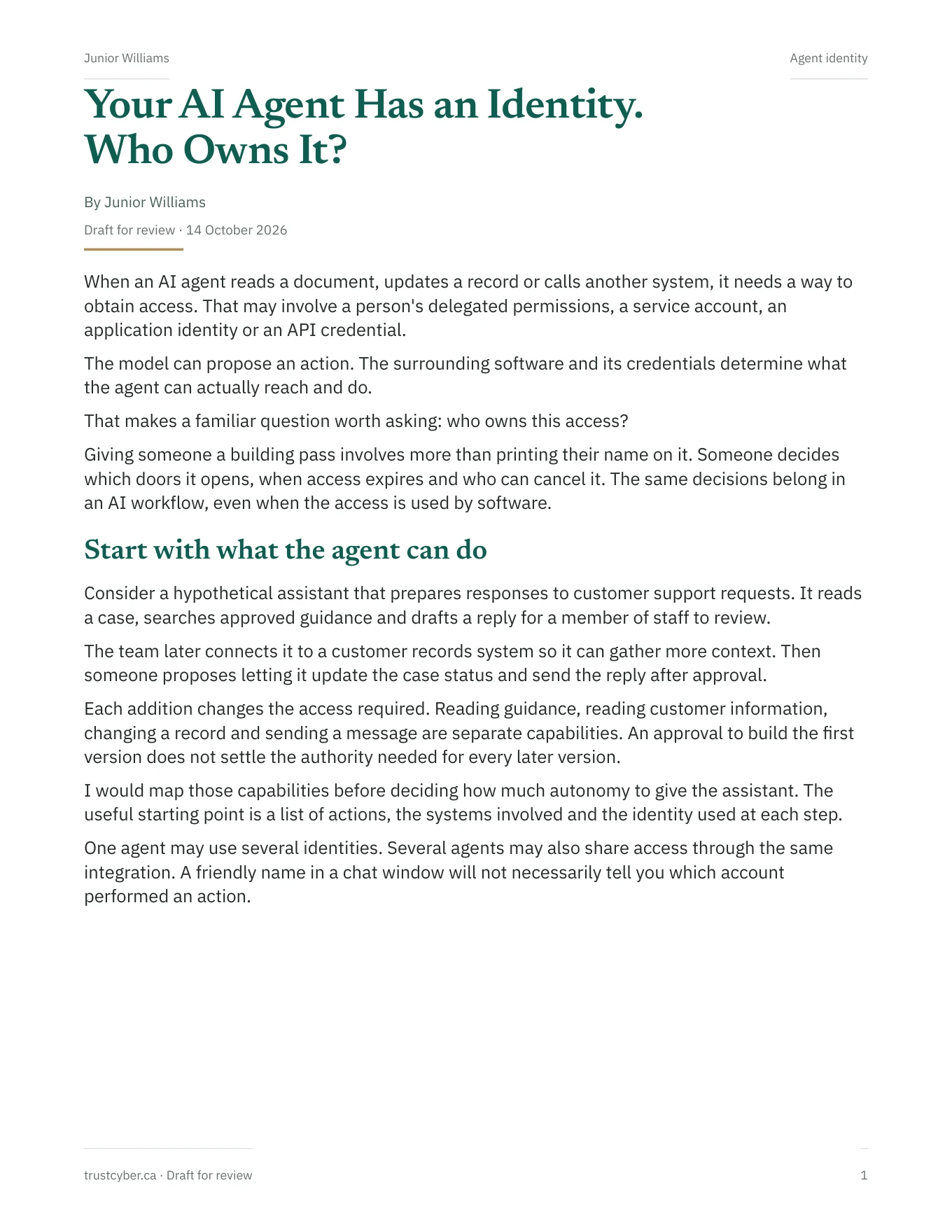 First page of Your AI Agent Has an Identity. Who Owns It? by Junior Williams