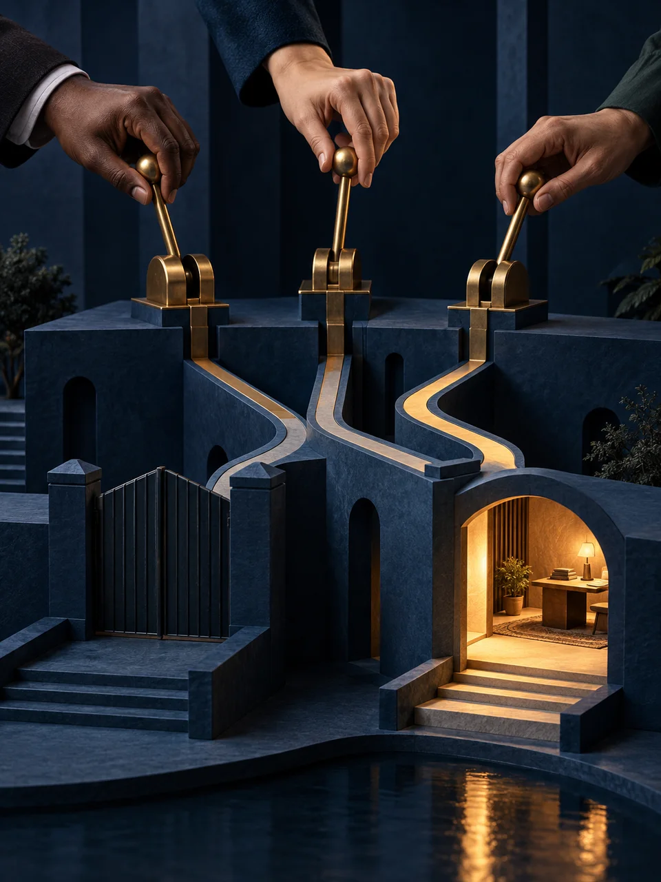 Three hands control separate brass levers leading to open and closed architectural gates