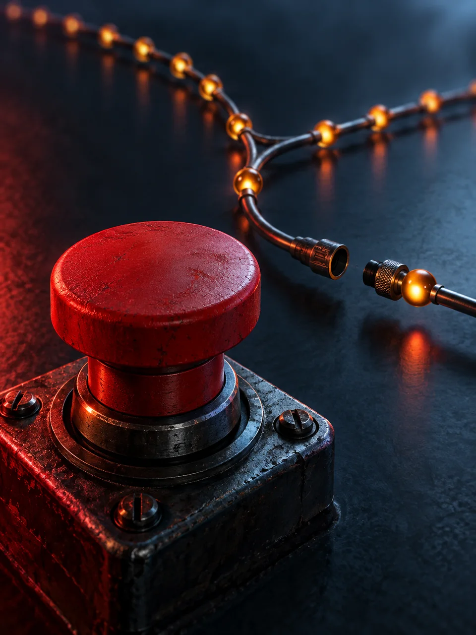 A red stop button beside a disconnected chain of amber signal beads