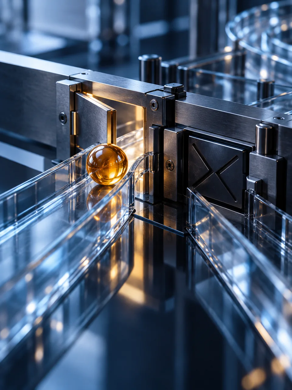 An amber sphere passes through a mechanical checkpoint in a glass channel