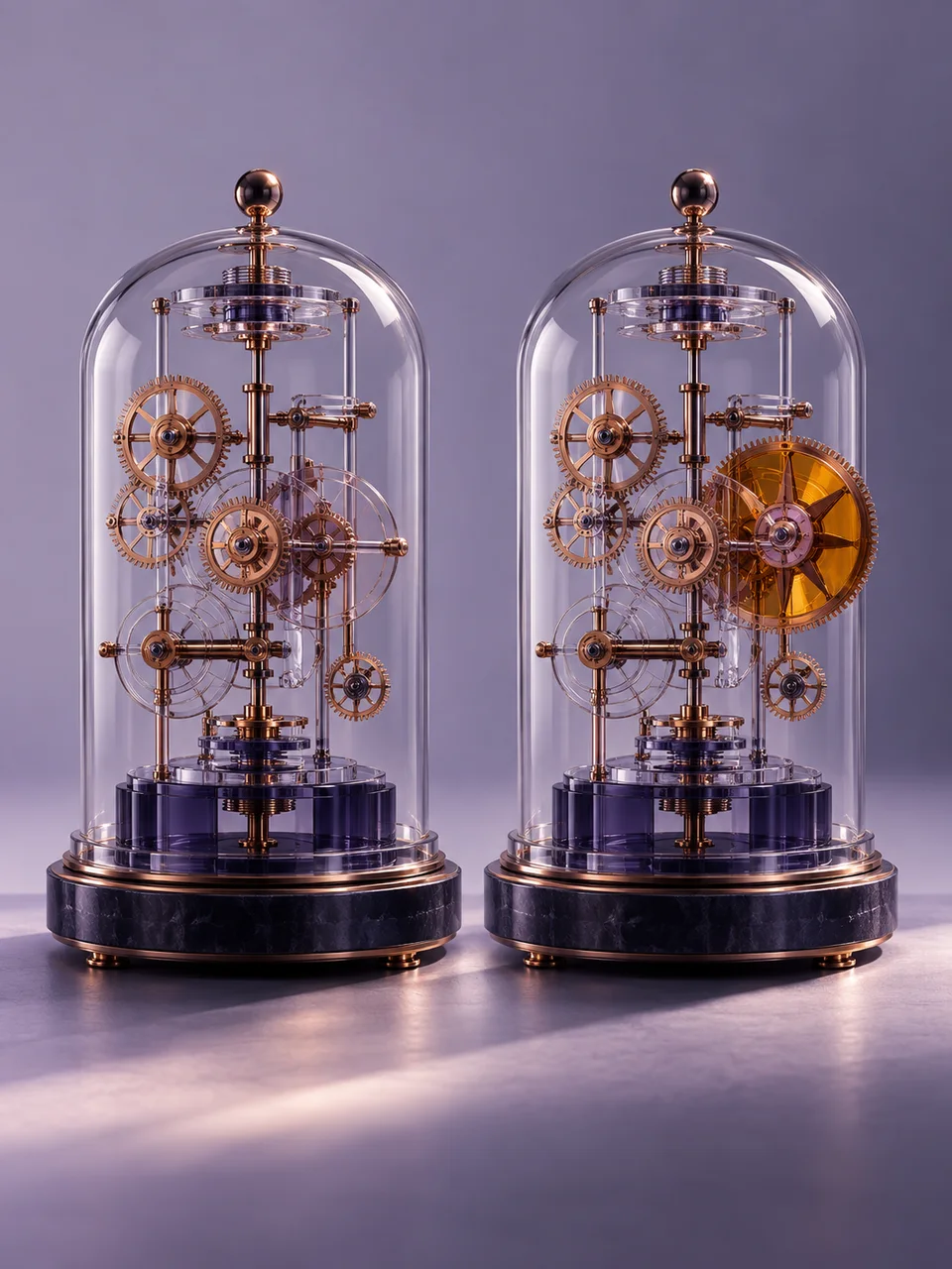 Two glass mechanical assemblies differ by one enlarged amber gear