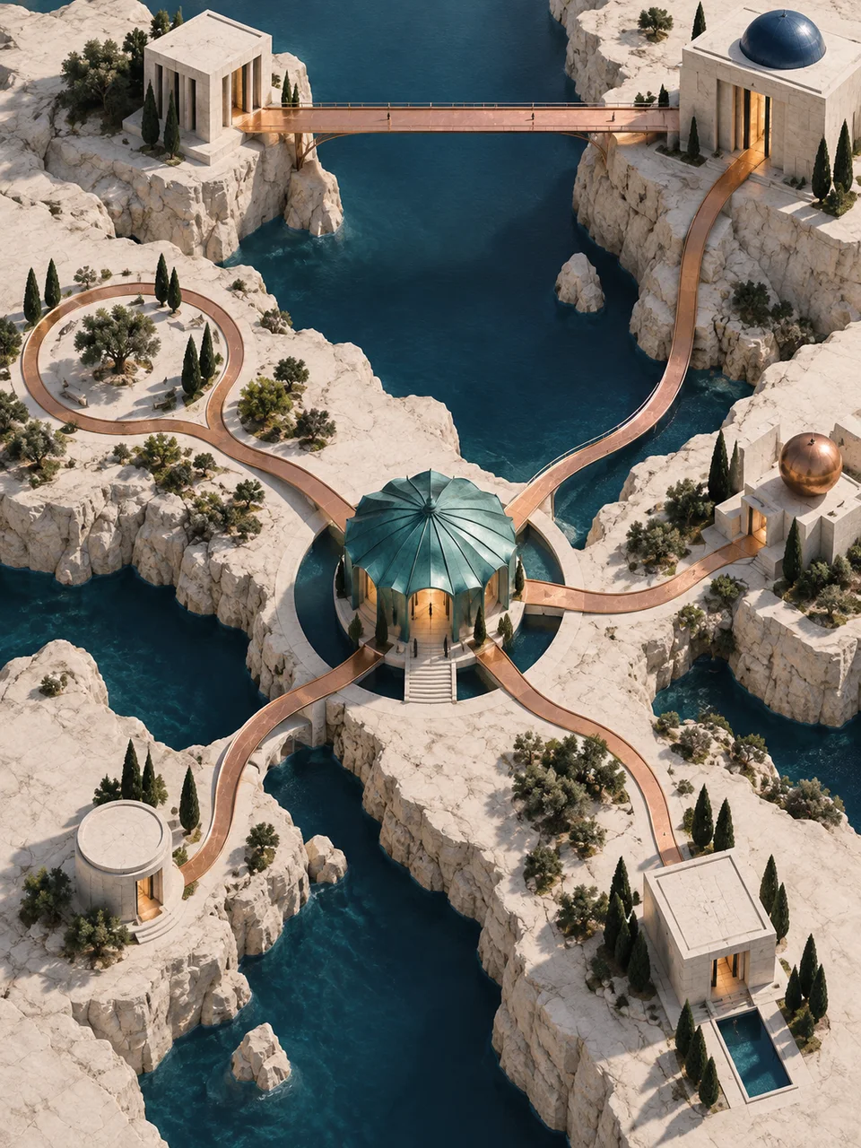Local loops, direct bridges and a central pavilion connect a miniature landscape