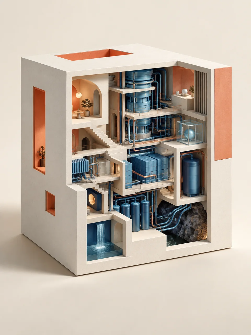 A cutaway architectural cube reveals layers of hidden machinery and dependencies