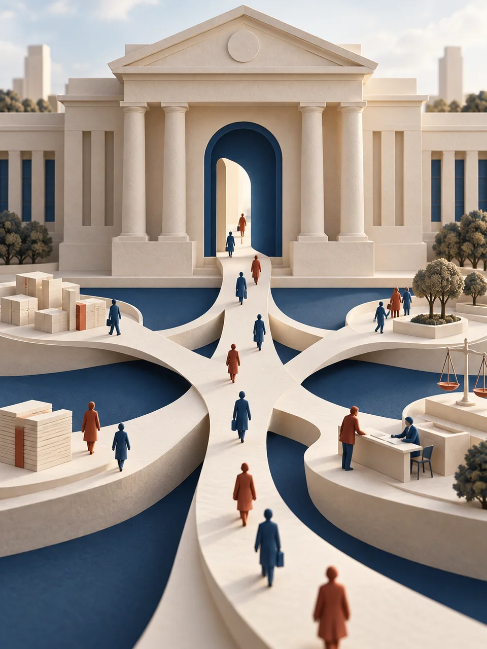 Paper figures follow branching paths through a civic building toward a review desk