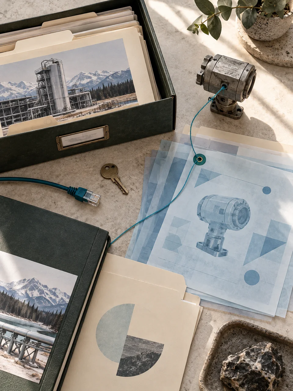 An archive box and technical records connected to a physical industrial component
