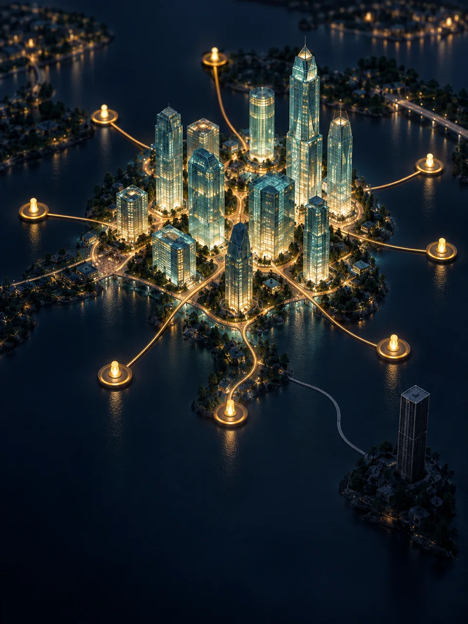An illuminated miniature city links individual towers to owner markers