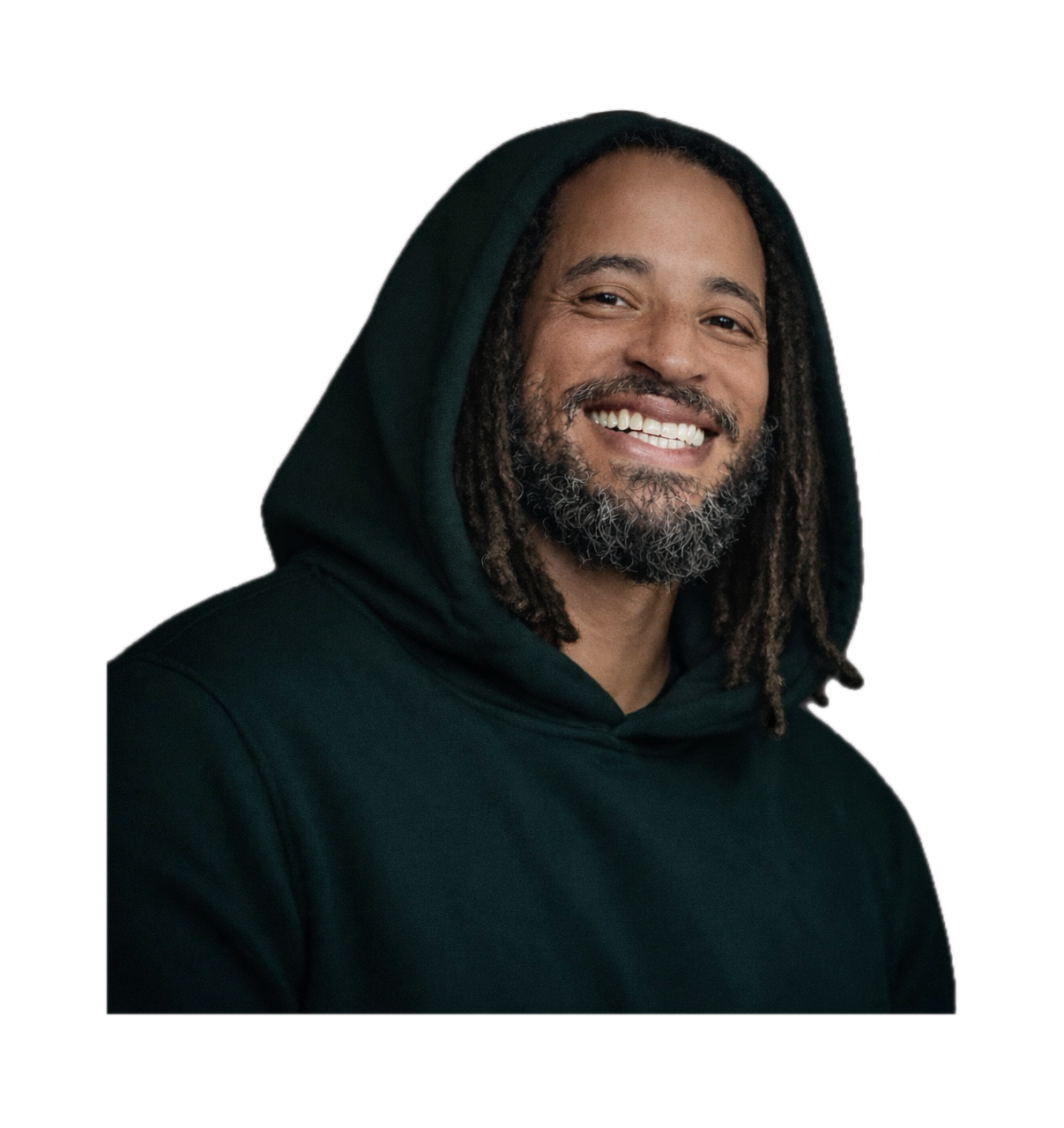 Portrait of Junior Williams smiling in a green hoodie.