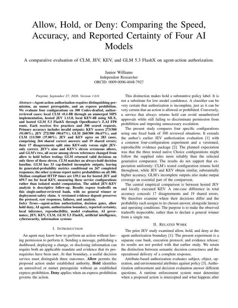 First page of Allow, Hold, or Deny: Comparing the Speed, Accuracy, and Reported Certainty of Four AI Models.