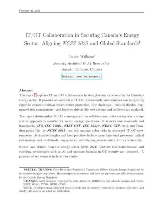 First page of IT/OT Collaboration in Securing Canada's Energy Sector.
