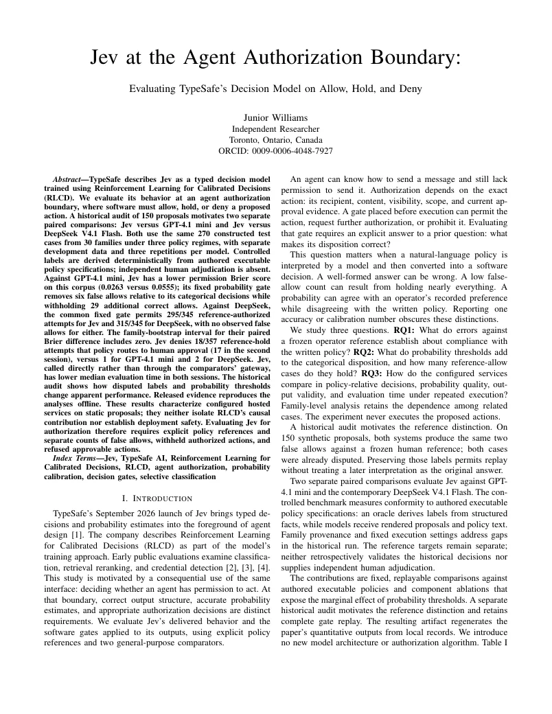 First page of Jev at the Agent Authorization Boundary: Evaluating TypeSafe’s Decision Model on Allow, Hold, and Deny.