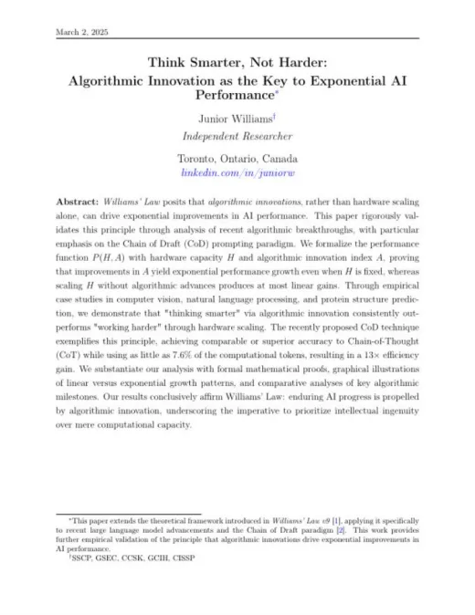 First page of Think Smarter, Not Harder: Algorithmic Innovation as the Key to Exponential AI Performance.