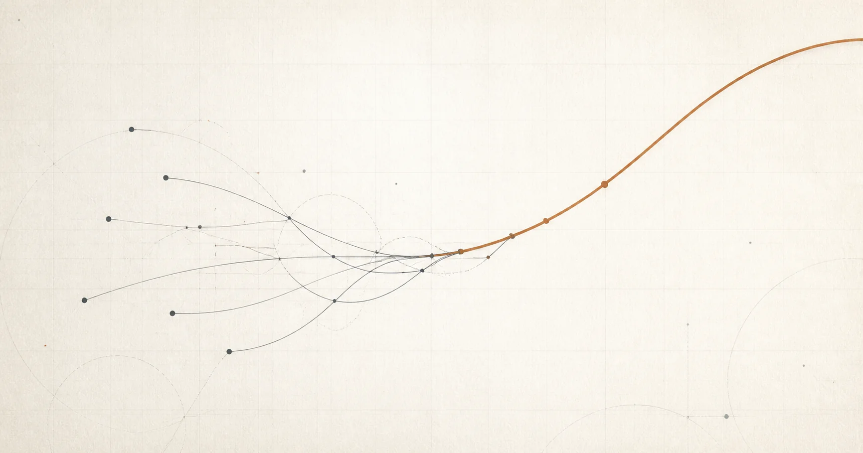Graphite research trajectories converge into a rising copper curve on an archival paper field.